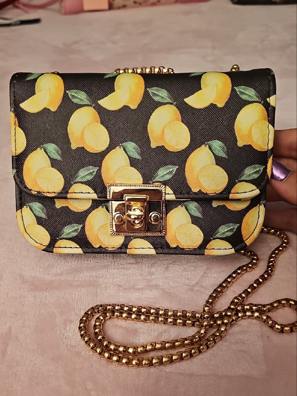 Black Lemon-Print Crossbody Bag with Gold Chain Strap -1 Free Bag Charm Included - Picture 7 of 7